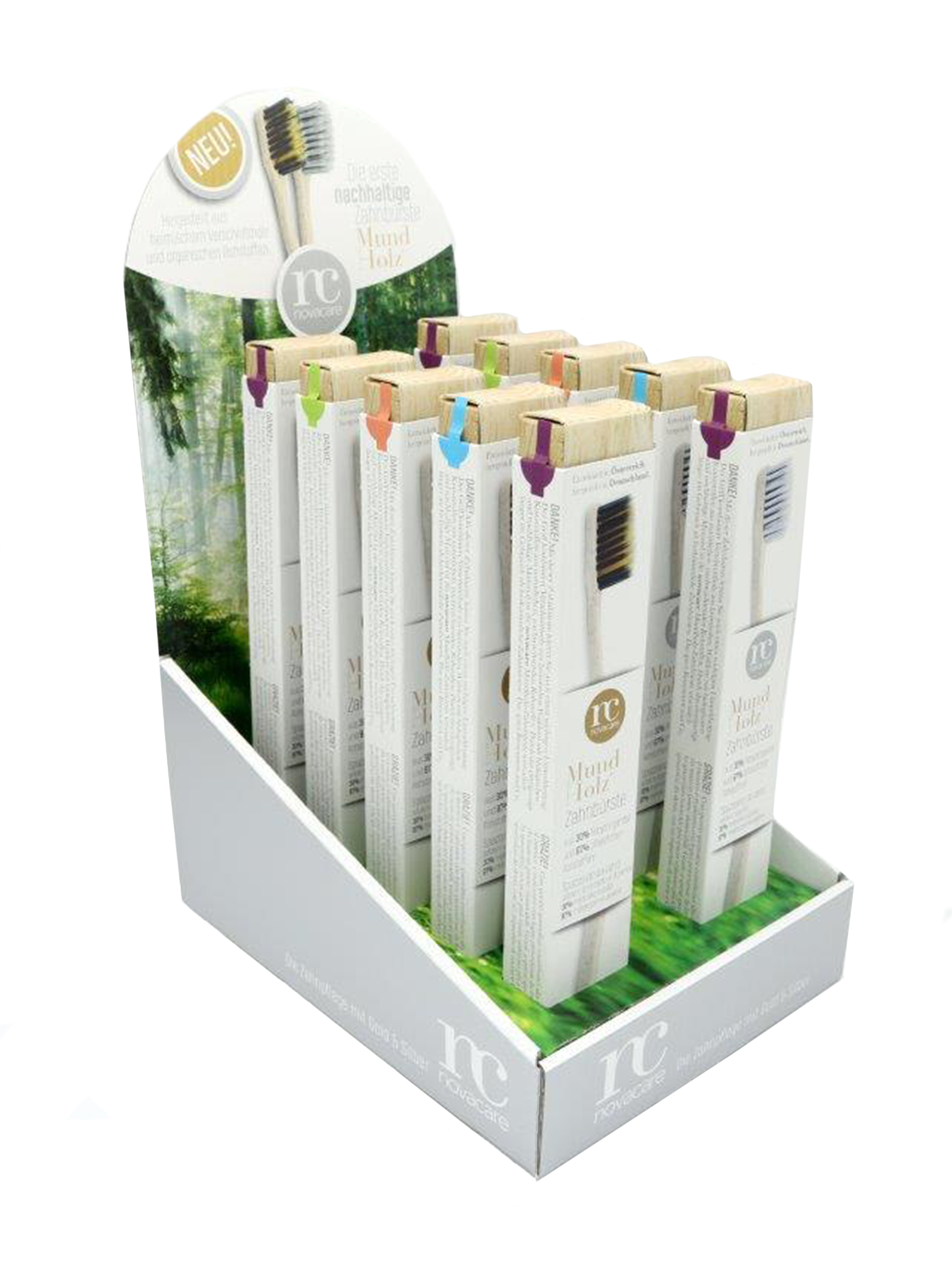 Das Bild zeigt ein Thekendisplay mit agwa Zahnpflegeprodukten