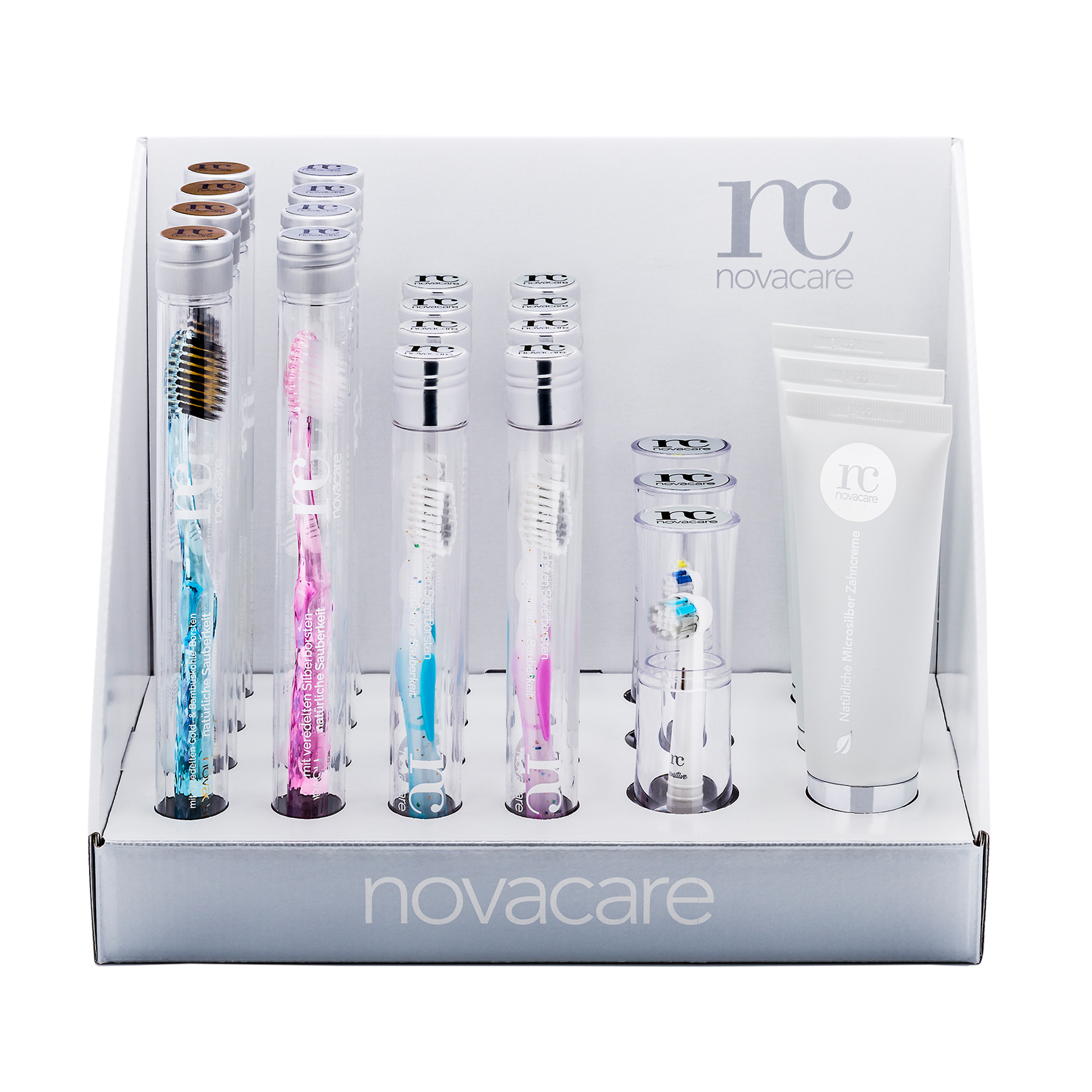 Novacare - Thekendisplay mit Zahnbürsten und Zahncremen